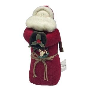 Primitive Christmas Red Flannel Coat, Bearded Santa 13" Holding Miniature Horse